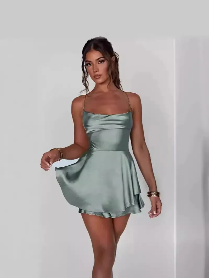 2024 Summer New Sexy Slim Fit and Slim Off Back Solid Color Suspended Dress and Pants — image 3
