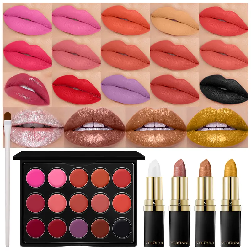 6pcs Lip Makeup Kit-15‑Color Lip Gloss Palette + 4Pcs Diamond Lipsticks With 1Pc Lip Brush Set for Party Stage Daily Use