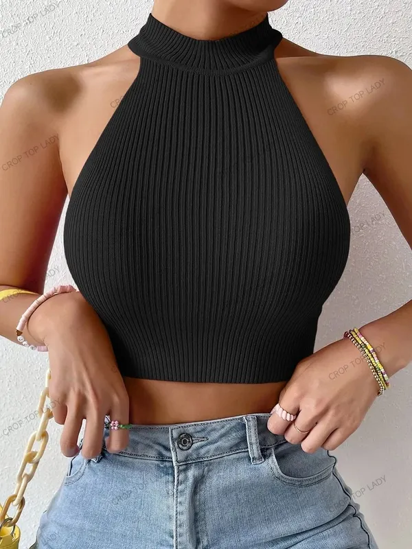 2026 Spring Women Basics Solid Casual Sexy Ribbed Knit Sleeveless Corset Halter Crossfit Crop Tops Y2k Clothes Femme Tank Top — image 3