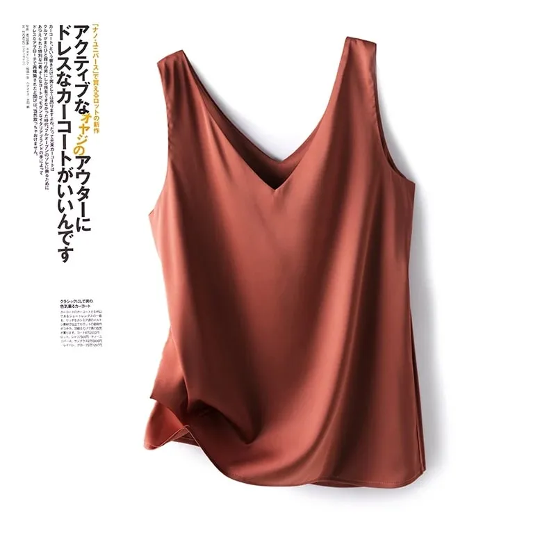 Ladies Silk Suspenders Solid Satin Vest Spring Autumn 2022 New Wild Pullover Tops Women Interior Front/Rear V-Neck Summer Thin — image 13