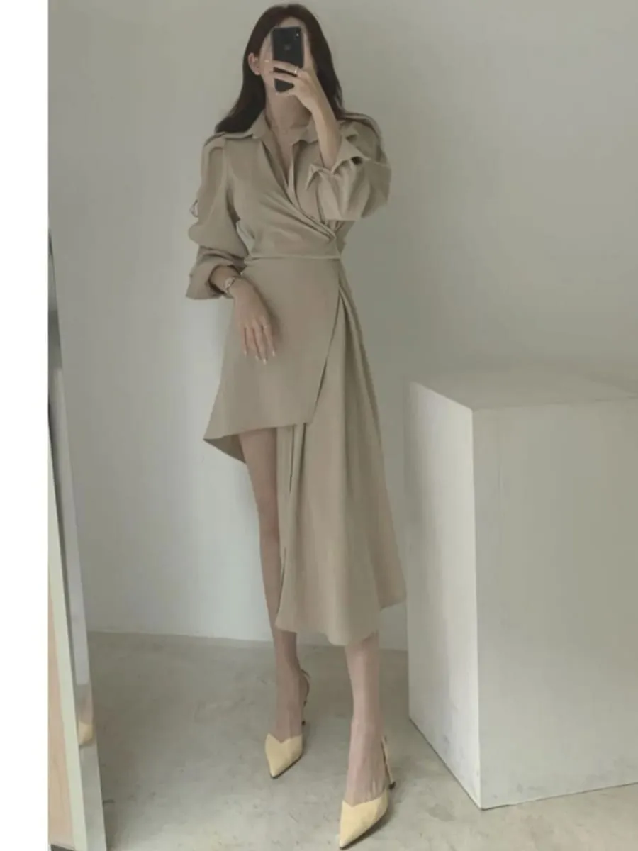 Early Autumn Shirt Dress Women's Mid-Length Asymmetrical Single-Button Notch Collar Slimming Style Commute Fashion — image 4