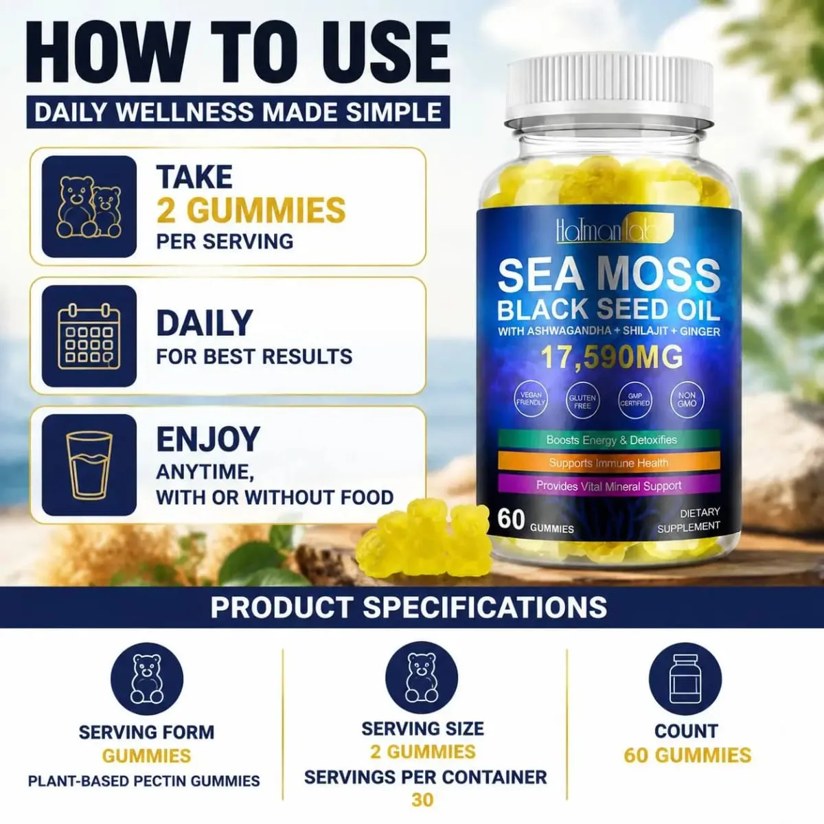 HalmanLabs Sea Moss Black Seed Oil Gummies with Vitamin C and Vitamin D for Immune Health and Vital Mineral Support 60 Gummies — image 6