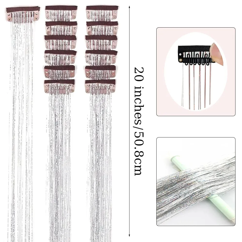 Balení 6ks Clip In Tinsel do vlasů 20palcový barevný třpytivý Tinsel Prodlužování vlasů Festivalový dárek Tinsel Fairy Hairpiece