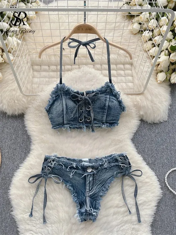 Retro Women Bikini Denim Suits Summer Halter Camis+ Mini Pant Lingerie Fashion Vacation Swimsuits Sexy Bra&Briefs Sets