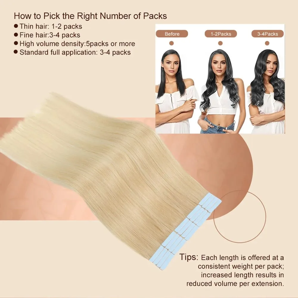 Fita loira em extensões de cabelo humano platina #60 fita de trama de pele reta sem emenda em extensões de cabelo humano real 50g