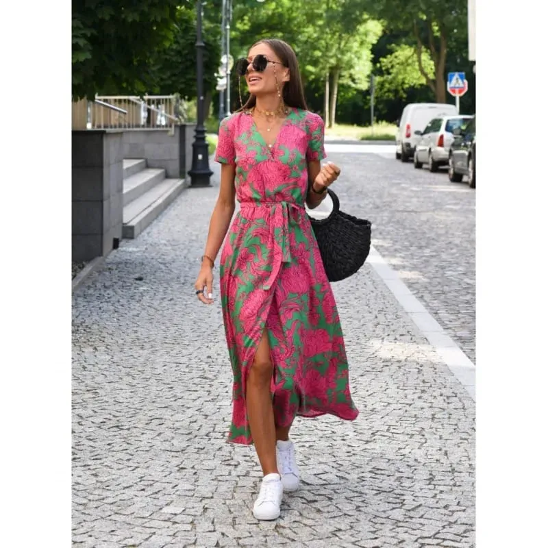 Printed Dress 2025 Summer V-neck Split Fork Medium and Long Group European and American Cross-border Women's Clothing
