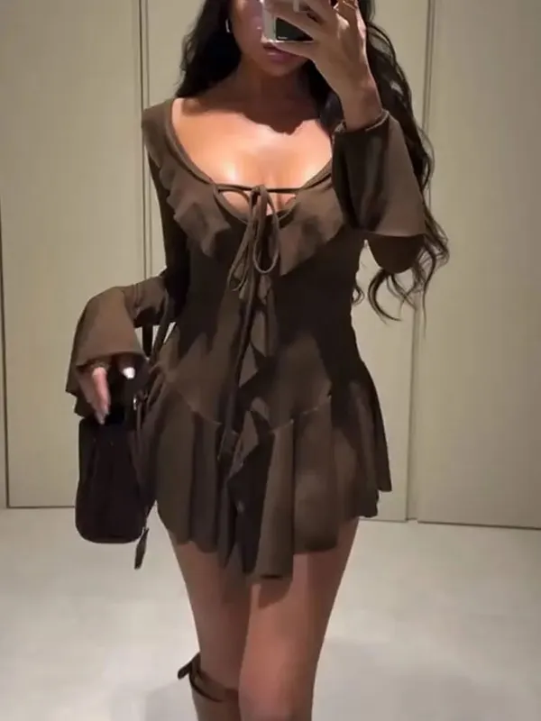 Tossy Ruffled Lace-Up White Mini Dress Women's V-Neck Patchwork Long Sleeve Sexy Slim Dress Bandage Elegant Female Summer Dress — image 13