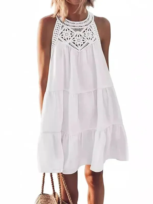Women Summer Beach Mini Dresses Halter Sleeveless Sexy Loose A-Line Hollow Out Lace White Bohemia Dress Pleated Solid Sundress — image 8