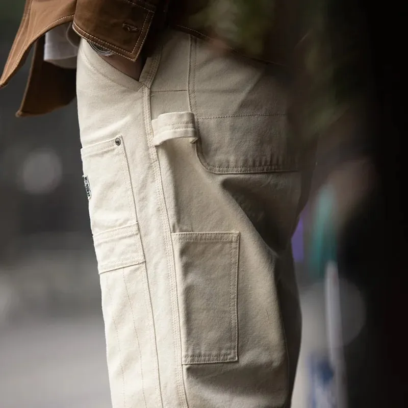 Maden Workwear American Retro Distressed Loose Off White Jeans Washed Straight Multi Pocket Woodcutter Pants Men