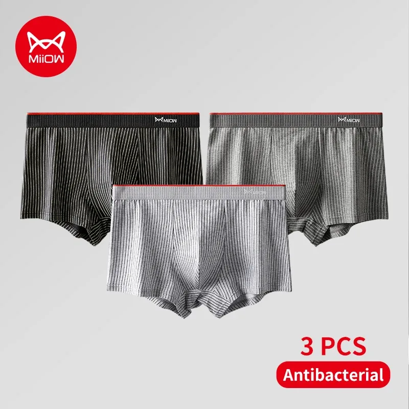 MiiOW 3Pcs Cotton Men's Boxer Underwear AAA Antibacterial Man Boxershorts Seamless Striped Men Underpants Boxer Male Boxer Short