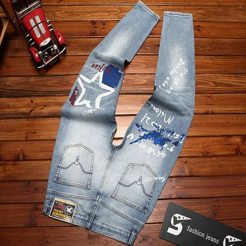 Fashionable printed jeans for men retro blue elastic slim fit small feet street fashion high-end denim casual pants — image 2