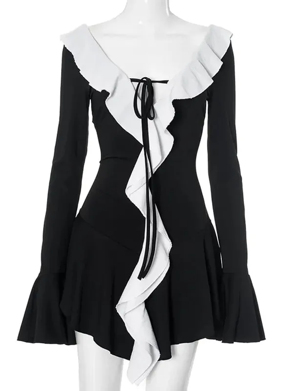 Tossy Ruffled Lace-Up White Mini Dress Women's V-Neck Patchwork Long Sleeve Sexy Slim Dress Bandage Elegant Female Summer Dress — image 12