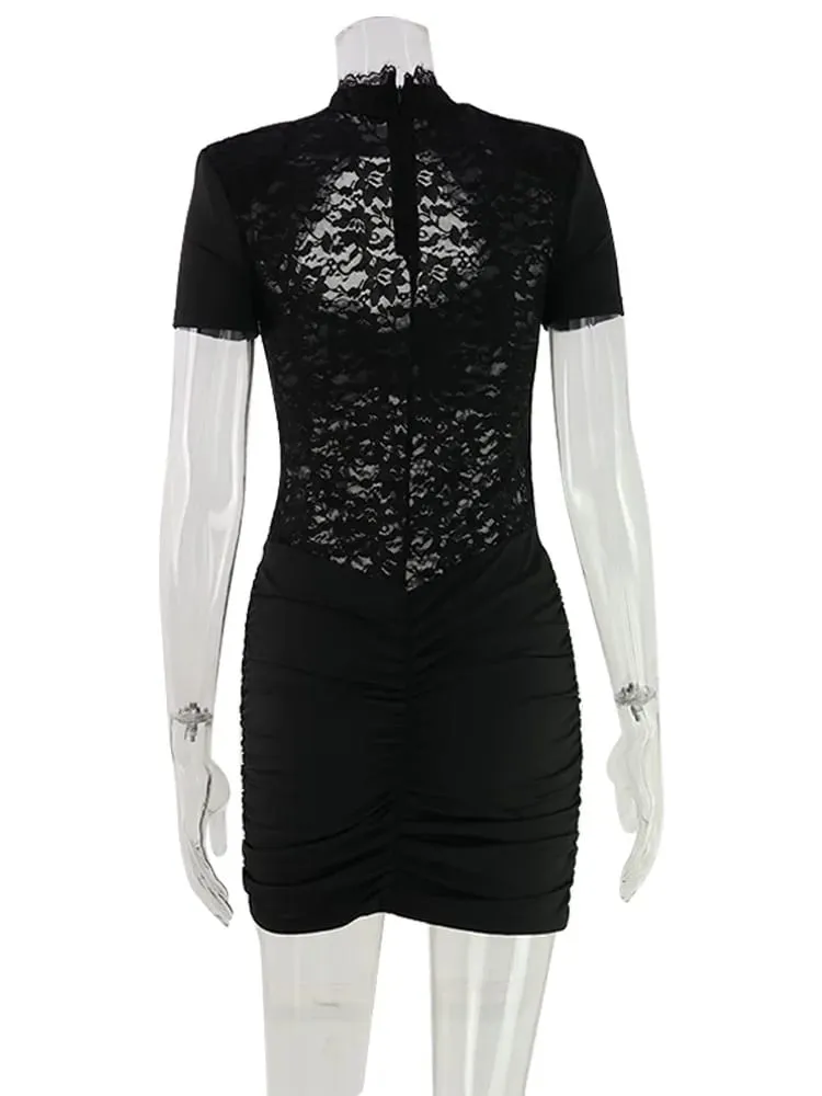 Lace Patchwork Hollow Out Women Dresses Short Sleeve Hip Wrap Sheath Trendy Hot Girl Sexy Club Outfits Female Bodycon — image 6