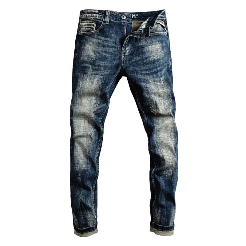 Italian Style Fashion Men Jeans Retro Black Blue Elastic Slim Fit Ripped Jeans Men Trousers Vintage Designer Casual Denim Pants — image 2