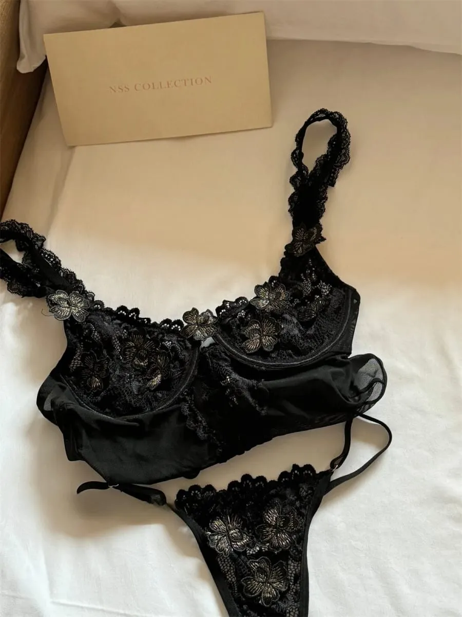 Embroidery flowers gathered cup underwear thin lace women lingerie gathered top support large breasts show small bra set — image 6
