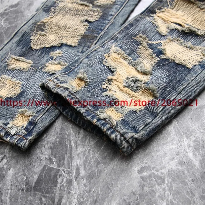Washed Damaged Embroidery Patches Vintage Denim Jeans Men Women 1:1 Best Quality Pants — image 7