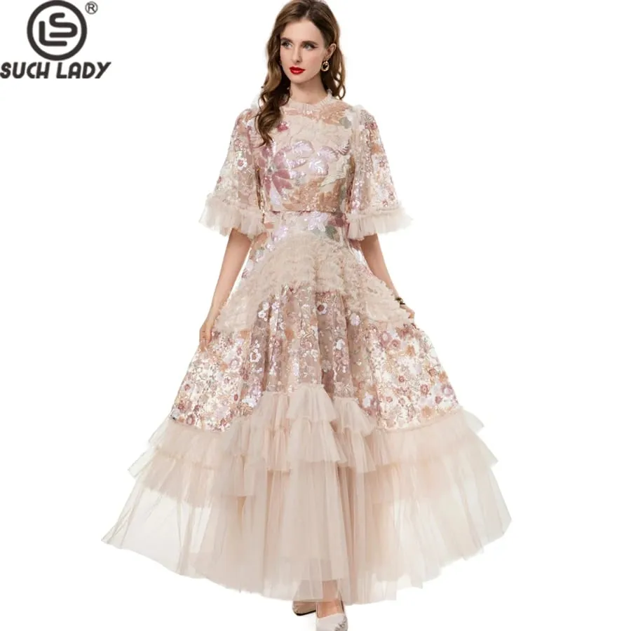 Women's Dress O Neck Short Sleeves Sequined Floral Patchwork Ruffles Elegant Designer Party Prom Gown Maxi Vestidos S- 4XL