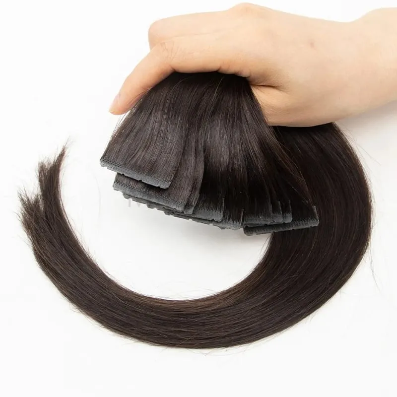 Invisible PU Hair Weft Twin Tabs Human Hair Extensions Brown 10PCS Machine Remy Hair Extensions with Holes Micro Beads Bundles