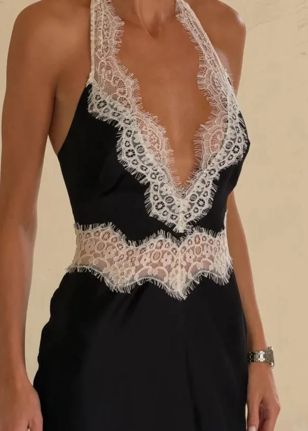 Sort Lace Patchwork Halter Neck Maxikjoler V-hals Ærmeløs Rygløs Højtalje Lang Kjole 2026 Elegant Party Club Outfits