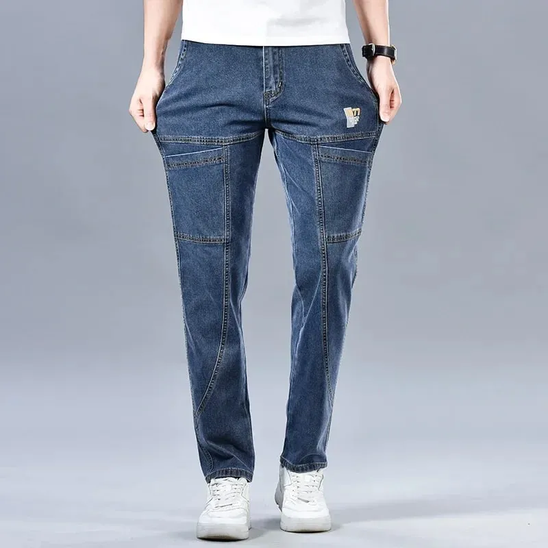 2024 Men's Summer Fashion Men's Jeans Multi-pocket Splicing Straight-leg Casual Denim Trousers Personalized Dark Blue Brand — image 3