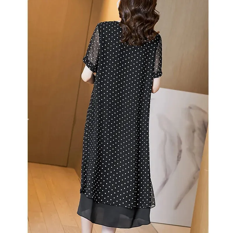 Summer Short Sleeves Covering Belly High End Chiffon Dress 2026 New Large Size Loose Dot French Style Long Dress Women Vestidos — image 5