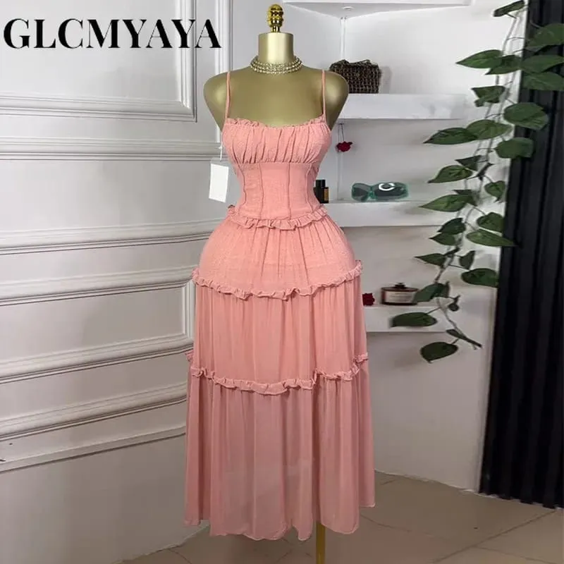 Women Strap Sleeveless Ruffles A-line Midi Maxi Long Dress 2025 Summer Beach Holiday Vacation Vestidos Dresses — image 5
