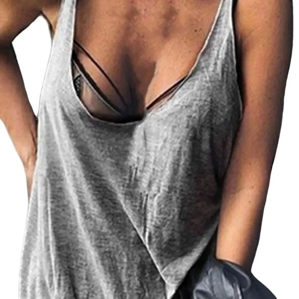 Lady Casual Solid Color Loose Tees U-neck Sleeveless Thin Women Vest Low Collar Stretchy Lady Summer Simple T-shirt Streetwear