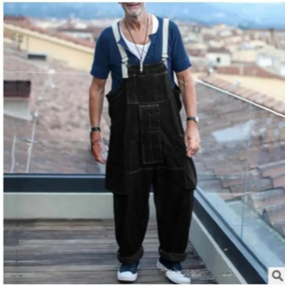 Streetwear Men Solid Color Multi Pockets Denim Overalls Loose Casual Washed Jumpsuit 2024 Male Suspenders Jeans Cargo Trousers — image 8