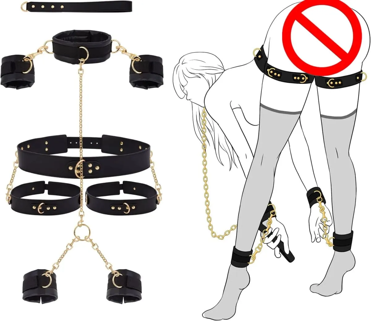 Perhambaan Seks Kit BDSM Sekatan Leher ke Pergelangan Tangan SM Borgol Boleh Laras Pergelangan Kaki Peha Cuff Cross Pinggang Tali Traksi Kolar Rantai — image 1