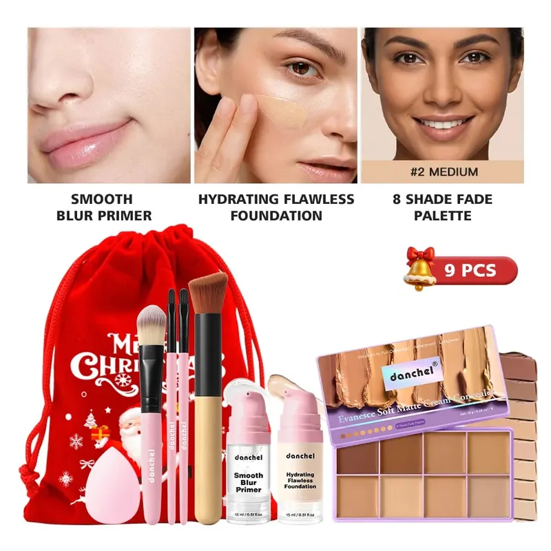 9Pcs Blur Primer Hydrating Foundation 8‑Color Cream Concealer Palette Woman Makeup Brushes Long Lasting Bleadable Christmas Gift — image 6