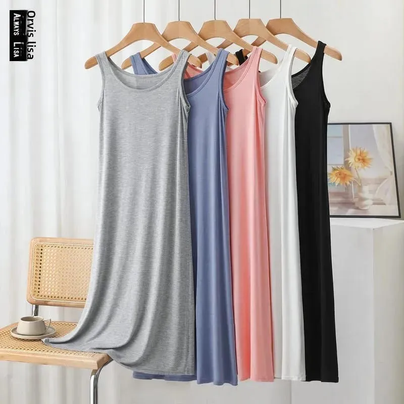 Plus Size Modal Long Dress Women's Spring Summer Loose A- Line Bottoming Skirt Home Sleepwear Sleeveless Pure Color Gown — image 2