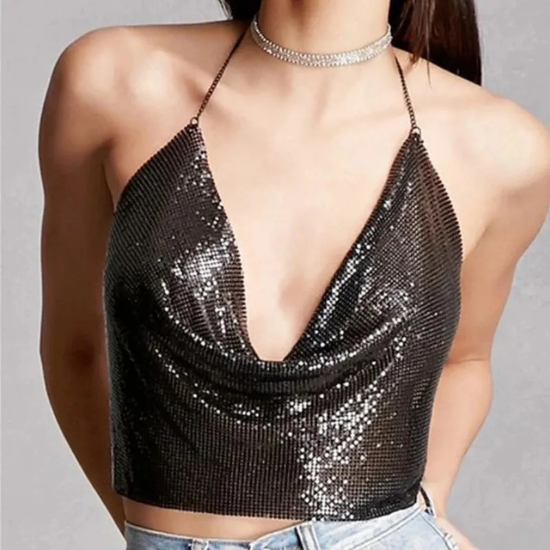 Sexy Tank Top Shiny Metal Sequins Bare Midriff Halter with Chain Crop Tops Women Sleeveless Cropped Vest Camis Tube Top Female — image 5