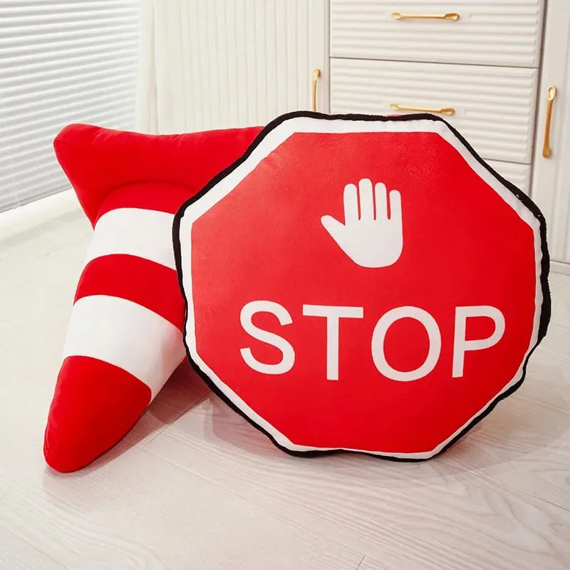 Plush Traffic Pillow Stuffed Car Tyre Roadblock Traffic Cone Signal Lamp STOP Transportation Sign Cushion Decor Plushie Men Gift