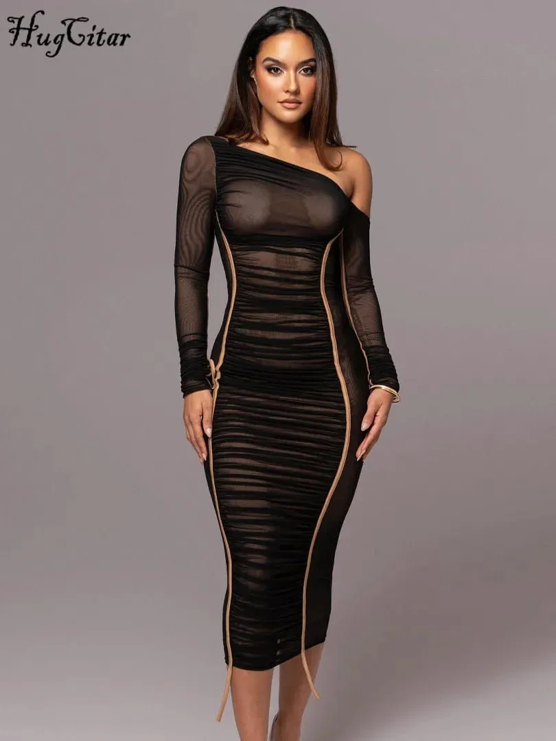 Hugcitar Mesh Solid Diagonal Collar Long Sleeve Draped Sexy See Through Bodycon Maxi Dress Summer Fashion Clothes Festival Club — image 6