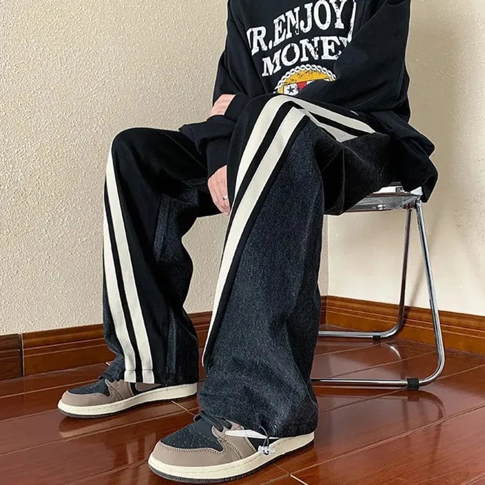 Mens Y2K Tracksuits Denim Drawstring Casual Pants Street Straight Pants Unisex Fashion Stitching Contrast Jeans Hip-Hop Trousers — image 6