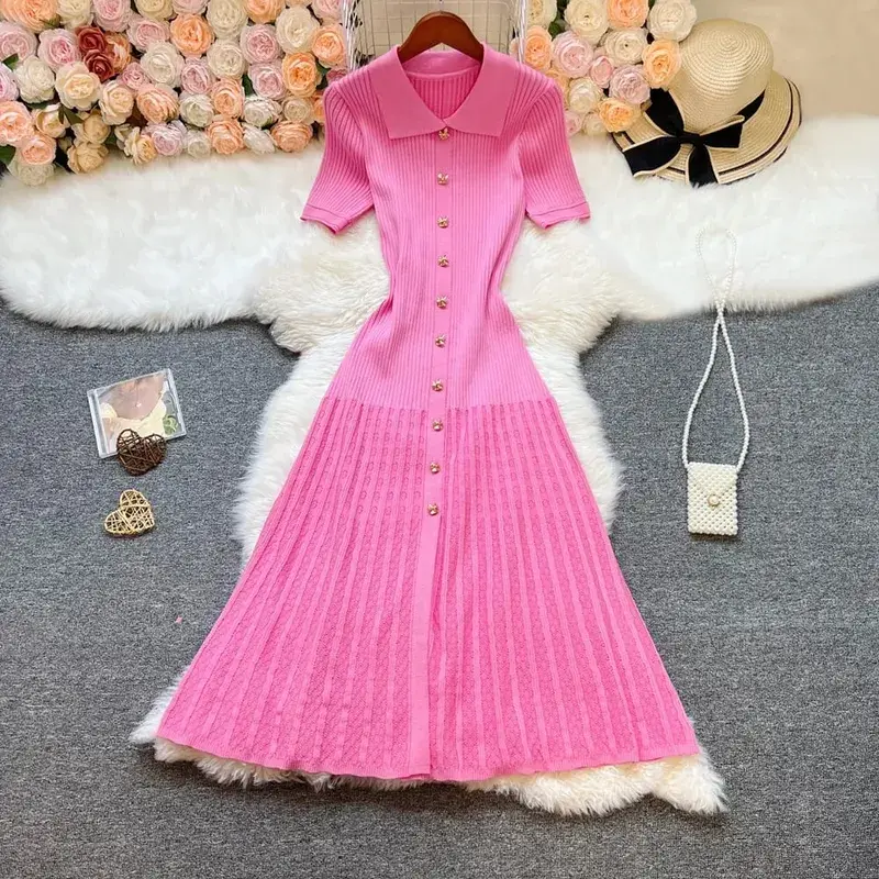 YuooMuoo Brand Fashion Elegant Patchwork Knitted Long Dress Spring Summer Women Luxury Shirt Sweater Dress Lady Party Vestido