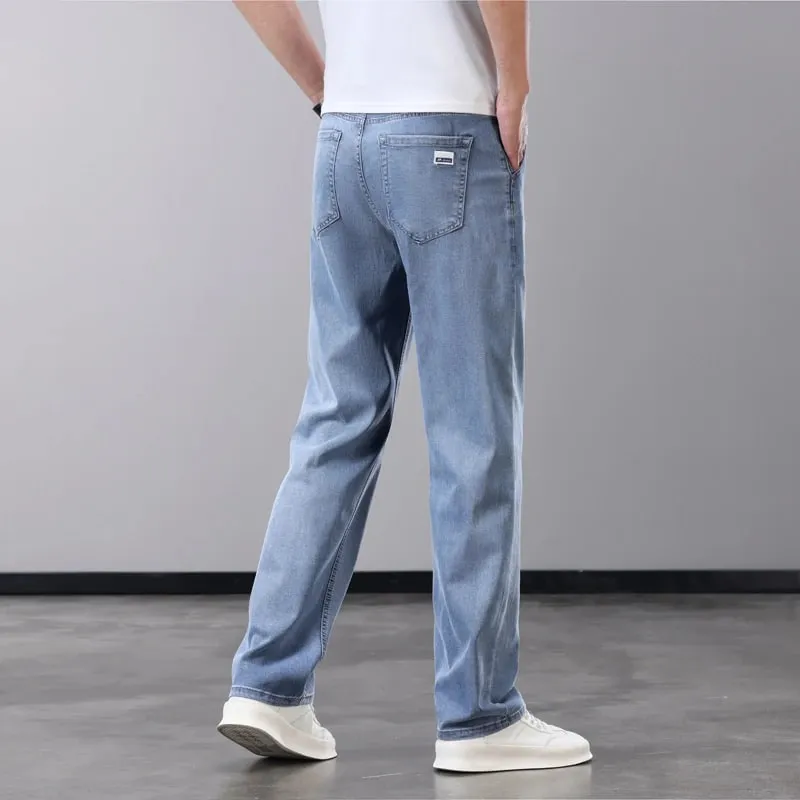 Summer Thin Men's Jeans Lyocell Fabric Soft Breathable Straight Denim Pants Brand Man Elastic Ice Silk Casual Trousers Grey Blue — image 5