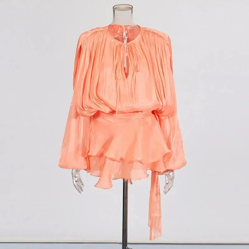Solid Spliced Lace Up Loose Dresses For Women O Neck Long Sleeve High Waist Temperament Dress Female Fashion New — image 14