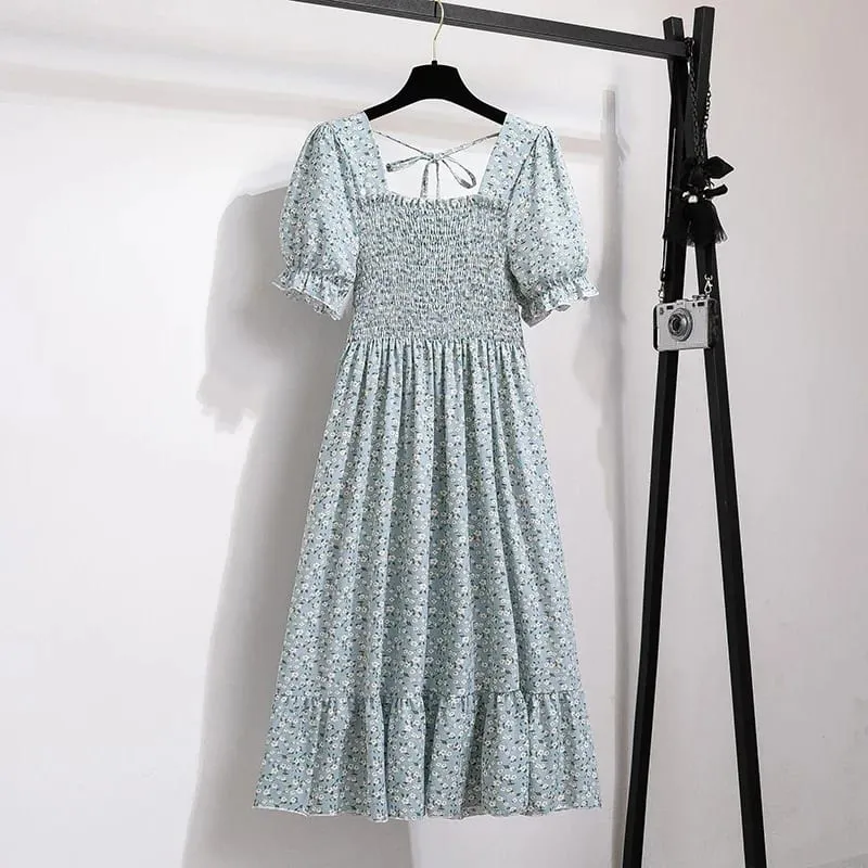 Spring Summer Chiffon Dresses Fashion Female Elastic Waist Short Sleeve Pleated Casual Dress Women A-line Dresses Vestidos — image 13