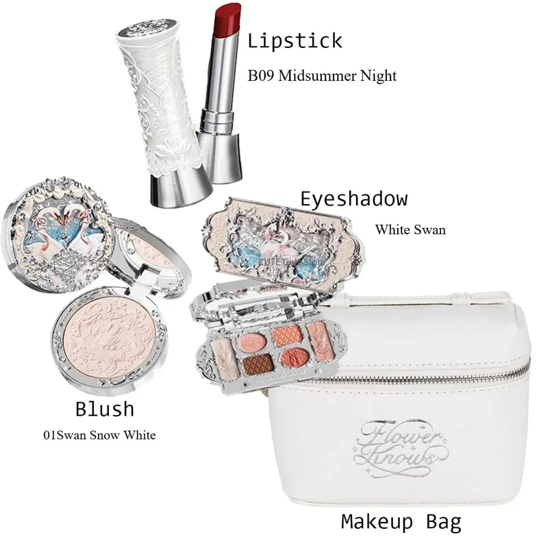 Makeup Set Flower Knows Swan Ballet Series Six Color Eyeshadow Palette Embossed Blusher Shine Lipstick Kit With Bag All In — image 9