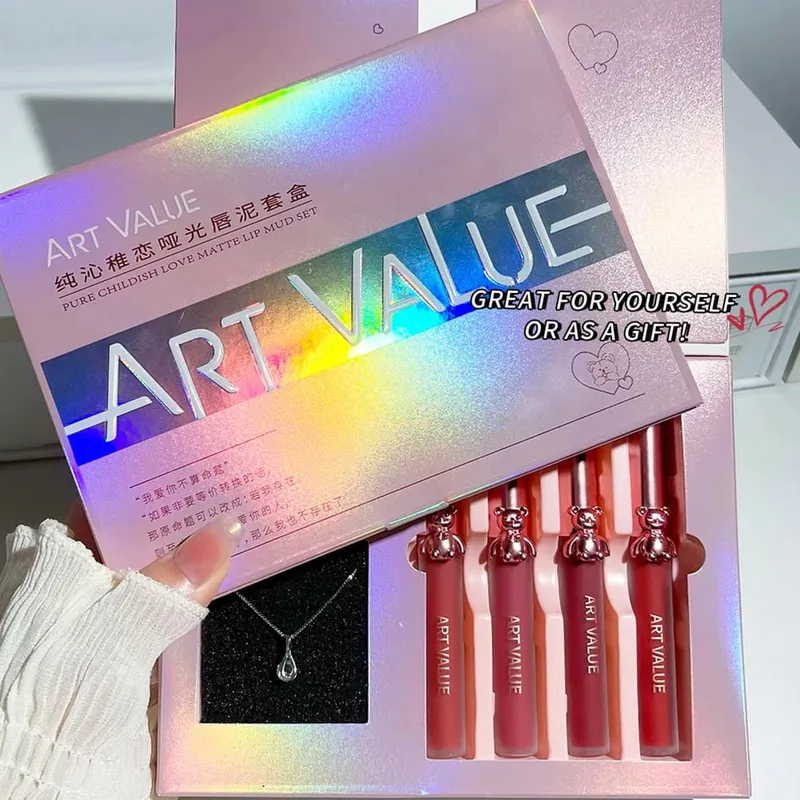ART VALUE 4Pcs Lipgloss Liquid Lipstick Lasting Moisturizing Makeup Mirror Lip Glaze Set With Necklace Lip Tint Beauty Makeup