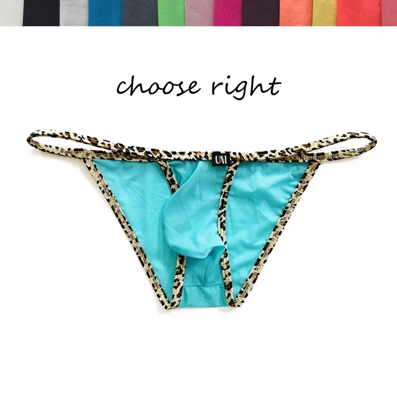 Men's Low Waist Nylon Briefs with Strings Leopard Print Micro Bikini Style Underwear Thin Ultra Slip Push-Up with Bulge Pouch
