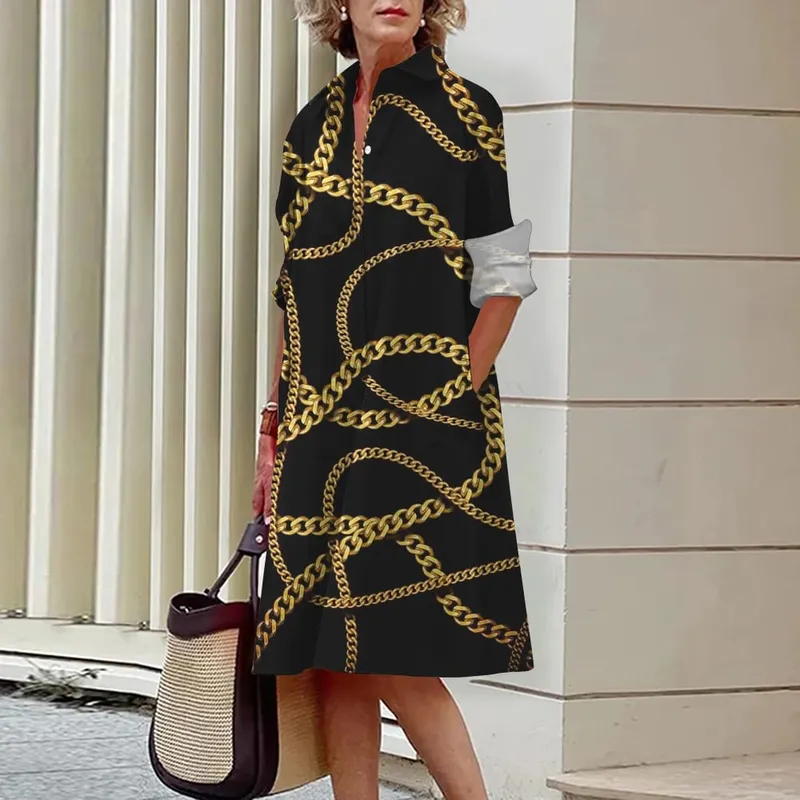 2024 Elegant Ladies Long Sleeve Shirt Dress Lapel Button Exquisite Printing Mid-Length Dress Casual Loose Commuter Shirt Dresses — image 16