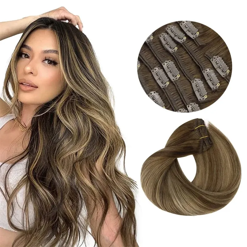 Sunmofavo Clip In Human Hair Extensions Straight Natural Light Brown Honey Ombre Balayage Black Hair Pieces For Women Full Head