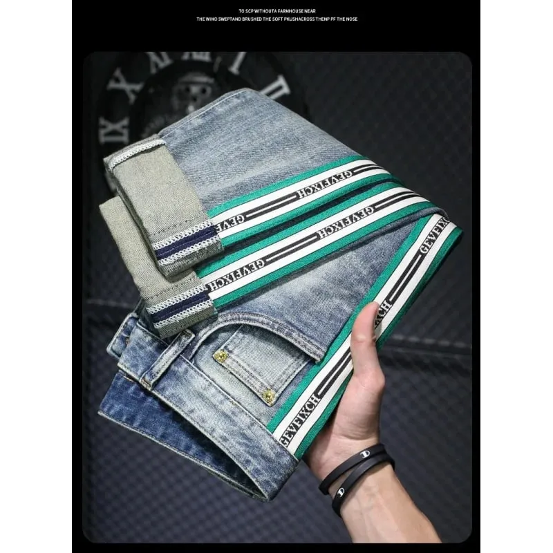 High-End Light Luxury Men's Blue Striped Jeans Men's 2024 Spring Street Versatile Slim Fit Skinny Ripped Trousers — image 3