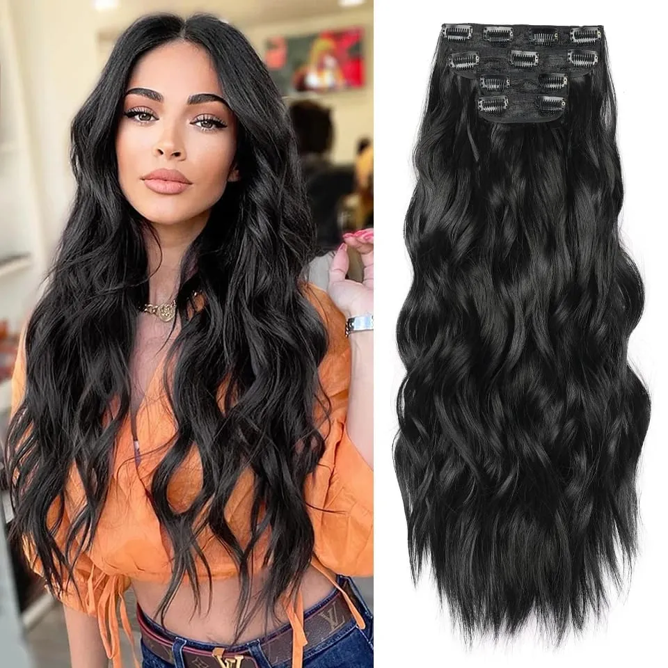 Clip in Synthetic Hair Extensions Long Wavy 4PCS Thick Hairpieces Black Fiber Natural Hair Extensions 20 Inch for Women Girls — image 8