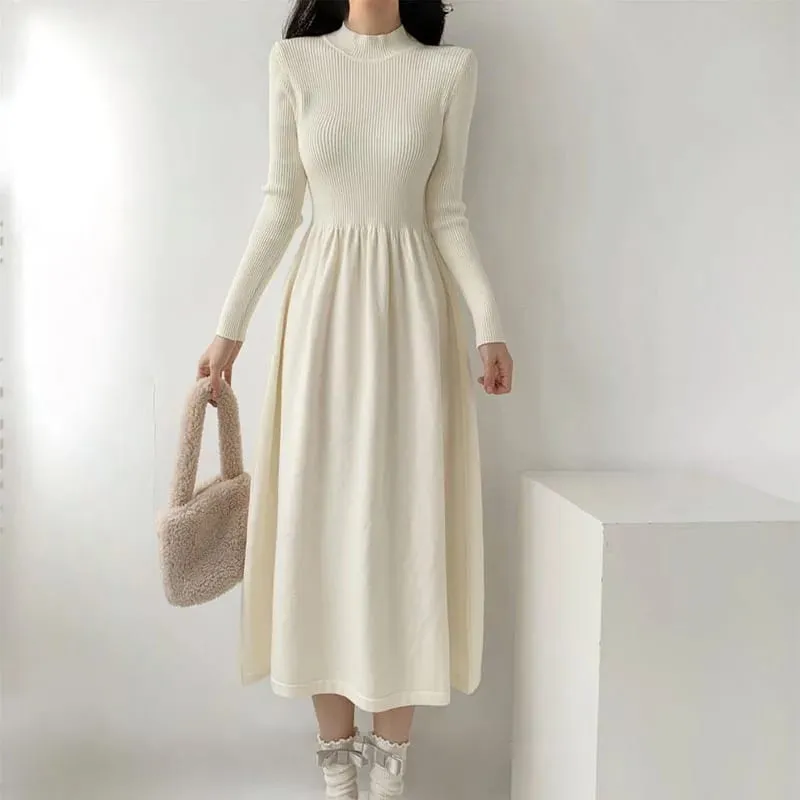 Autumn Winter Women Knitted Dress All-Match Simple Solid Half-High Collar Long Dresses Woman Korean Chic High Waist A-Line Dress — image 4