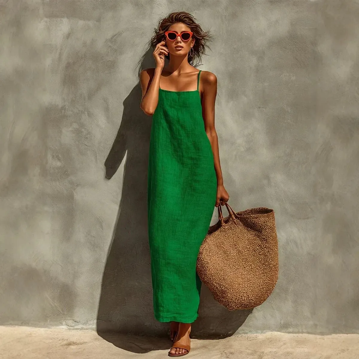 Yaz Kadın Düz Renk Rahat Rahat Kayma Sundress Kum Beachwear Backless Kolsuz Gevşek Maxi Uzun Tatil Elbiseleri — image 3