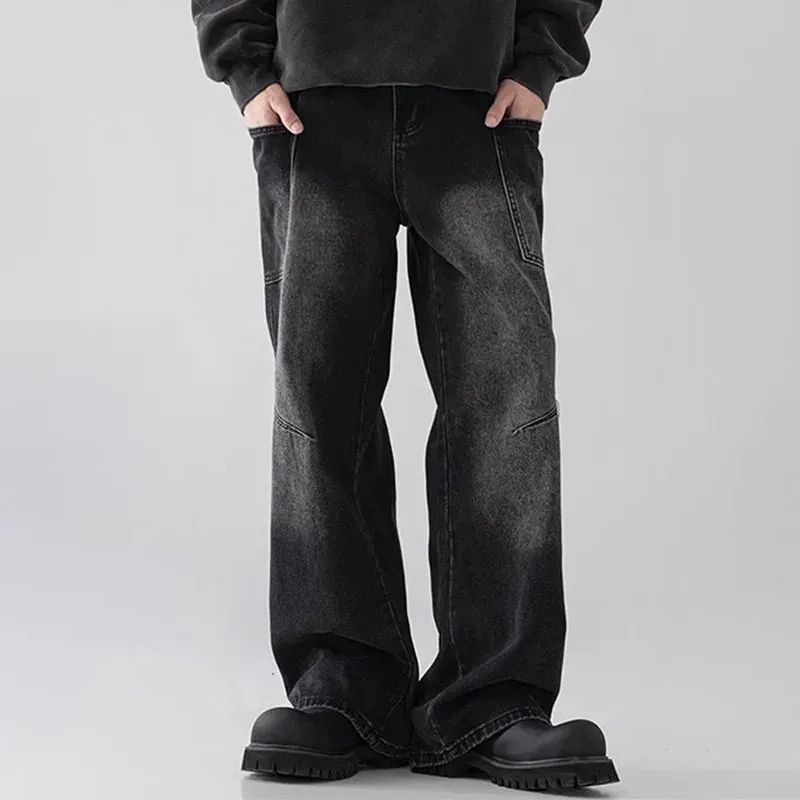Korean Style Large Pocket Workwear Jeans Retro Blue Men'S Baggy Jeans Straight Leg Pants Casual Wide Leg Pants Casual Pants