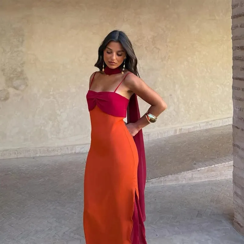 Robe Maxi à bretelles et col écharpe pour femmes, blocage de couleur, bretelles Spaghetti, fente haute, longueur au sol, Robes de soirée pour dames — image 2